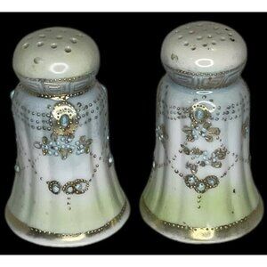 White & Green salt & pepper MiKADO Japan GOLD / BLUE MORIAGE DESIGN Gliding VTG